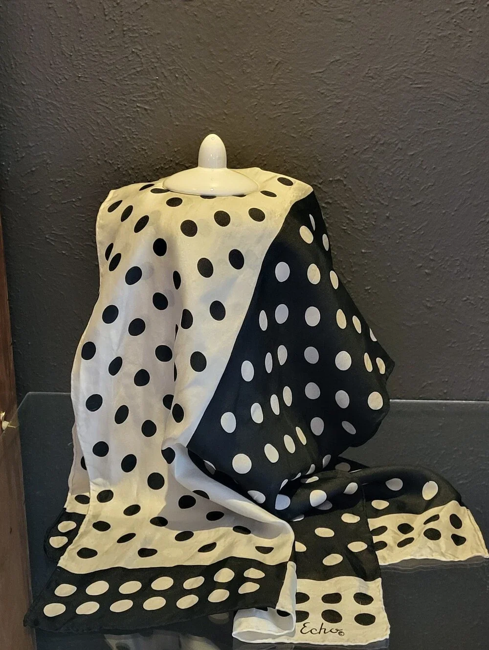 Echo 1970s Ivory/Black Colorblock Polkadot Rectangular Silk Scarf
